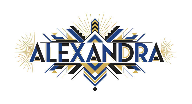 Alexandra name art deco design in navy gold and black for elegant personalized stationery or invitations