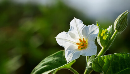 Fototapeta premium Elegant White Solanum Torvum Blossom Against A Gentle Natural Backdrop