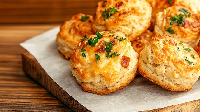 Golden brown savory biscuits topped with fresh herbs and bacon bits