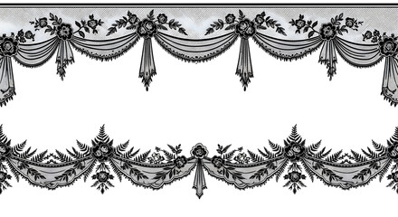 Fototapeta premium Elegant black lace borders with floral accents create a vintage romantic feel for design projects