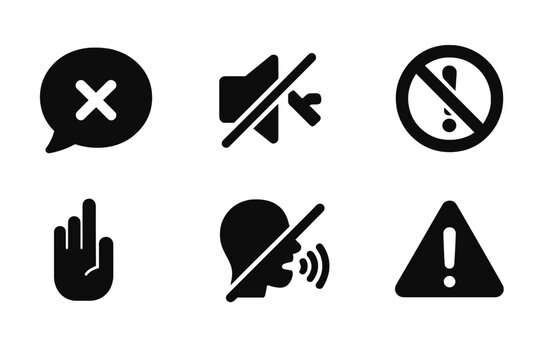 No Profanity Icons. Solid, filled icon set of no swearing signs: speech bubble with crossed mouth, mute symbol, no profanity text, crossed exclamation mark,