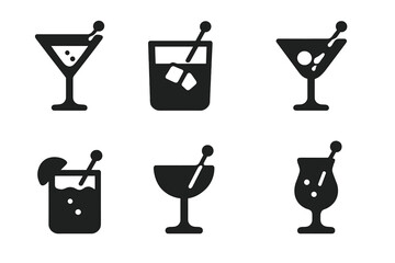 Stirred Cocktail Icons. Solid, filled icon set of stirring cocktail types: stirred martini, stirred old fashioned, stirred negroni, stirred Manhattan, stirred