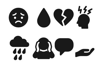 Layoff Emotions Icons. Solid, filled icon set of emotional impact of layoff: stressed face, tear drop, broken heart, headache, cloud with rain, hands holding