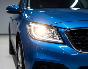 Close-up of a glossy blue car's front end
