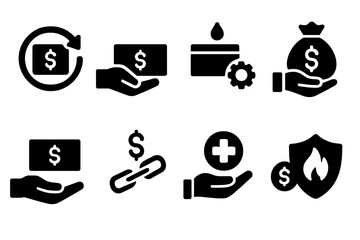 Emergency Funding Icons. Solid, filled icon set of emergency funding: cash flow, loan disbursement, credit facility, bailout fund, asset transfer, debt relief,