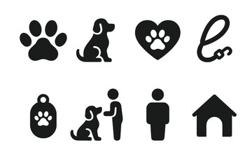 Pet Loyalty Icons. Solid, filled icon set of pet loyalty concepts: paw print, dog sitting, heart with paw, leash, dog tag, obedient dog, pet owner icon,