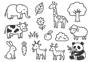 Obraz premium Herbivore Doodle Icons. Hand-drawn doodle illustration Herbivores elephant, leaf, giraffe, tree, cow, grass, sheep, flower, rabbit, carrot, goat, deer, bush,