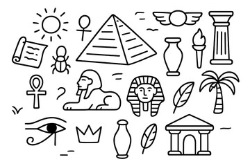 Fototapeta premium Ancient Egypt Doodle Icons. Hand-drawn doodle illustration Ancient symbols pyramid, sphinx, ankh, scarab beetle, column, sun disc, scroll, torch, vase, mask,