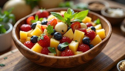 Enjoy a refreshing fruit salad with strawberries, blueberries, mango, and mozzarella for a healthy and vibrant summer snack or light lunch.