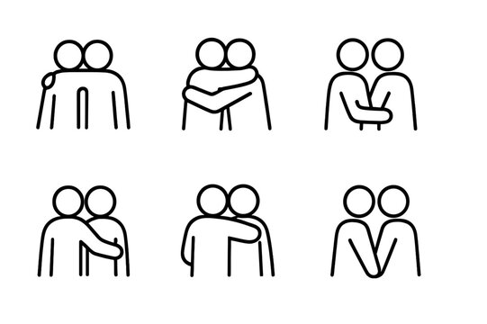 Outline Hug Icon Set. Outline icon set of hug gestures: arms around shoulders, tight squeeze, gentle hold, side hug, forehead touch, hand on back, leaning in,