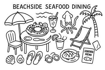 Beachside Seafood Sketch. Hand-drawn doodle illustration [Beachside seafood dining] [sun umbrella, seafood platter, cocktail, lemon wedge, squid, waves, palm
