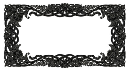 Elegant black ornate floral border design with swirling vines and rose details for invitations and decor