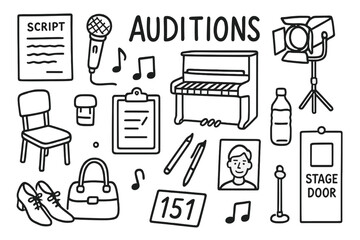 Fototapeta premium Musical Audition Icons. Hand-drawn doodle illustration Auditions for a musical theater production [script, microphone, piano, chair, water bottle, spotlight,