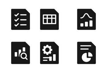 Report Data Icons. Solid, filled icon set of report data types: qualitative data, quantitative data, statistics, trends, forecasts, key metrics, benchmarks,