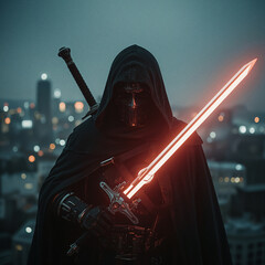 Hooded medieval warrior with glowing red sword at night
