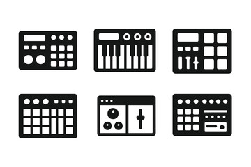 Naklejka premium Beat Technology Icons. Solid, filled icon set of beat technology: drum machine, synthesizer, sampler, MIDI keyboard, sequencer, audio interface, software