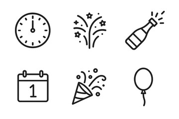 Fototapeta premium New Year Icon Set. Outline icon set of New Year celebration: clock striking midnight, fireworks, champagne bottle, party horn, calendar, confetti, balloon,