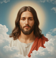 Portrait of a mystical man with glowing aura in the clouds