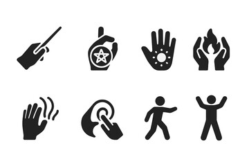 Fototapeta premium Spellcasting Icon Set. Solid, filled icon set of spellcasting gestures: hand with wand, fingers forming sigil, palm glow, hands over flame, energy flow, symbol