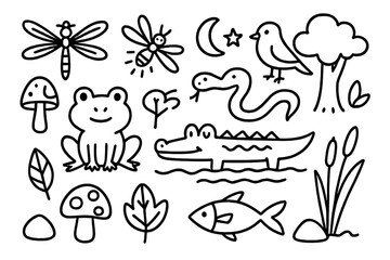 Naklejka premium Neon Swamp Creatures. Hand-drawn doodle illustration neon lights in swamp frog, crocodile, snake, dragonfly, firefly, mushroom, leaf, tree, bird, crescent