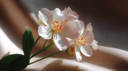 Fototapeta premium Delicate Blossoms: A close-up reveals exquisite white flowers in soft light, with intricate details of petals and textures, conveying a sense of serenity and elegance.