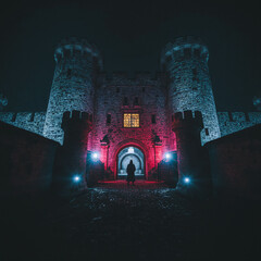 Medieval fortress illuminated at night