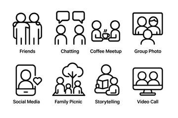 Cousin Social Icon Set. Outline icon set of cousin social life: friends, chatting, coffee meetup, group photo, social media, family picnic, storytelling, video