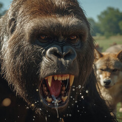 Savage beast roaring with sharp fangs in wild forest