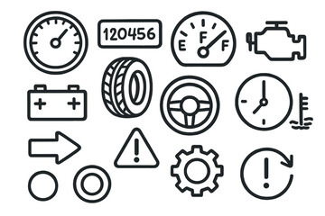 Car Dashboard Icons. Hand-drawn doodle illustration [Car dashboard symbols] [speedometer, odometer, fuel gauge, engine, battery, tire, steering wheel, clock,