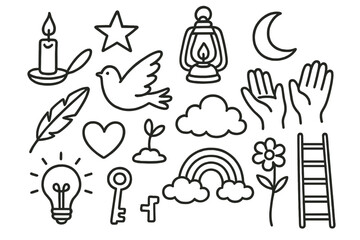 Symbols of Hope. Hand-drawn doodle illustration hope in darkness candle, lantern, star, moon, open hands, feather, dove, cloud, rainbow, heart, sprout, flower,