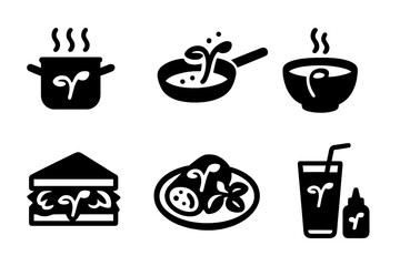 Bean Sprout Cooking Styles. Solid, filled icon set of bean sprout cooking styles: steaming pot, frying pan, soup bowl, salad plate, sandwich, spring roll,