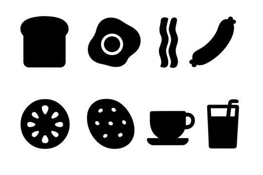 Breakfast Icons Grid. Solid, filled icon set of breakfast items with toast: fried egg, bacon strip, sausage link, tomato slice, hash browns, coffee cup, orange