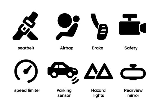 Vehicle Safety Icons. Solid, filled icon set of vehicle safety features: seatbelt, airbag, brake pedal, safety camera, speed limiter, parking sensor, hazard