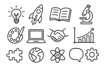 Fototapeta premium Creative Idea Doodles. Hand-drawn doodle illustration Cross-disciplinary ideas light bulb, rocket, book, microscope, palette, paintbrush, laptop, handshake,