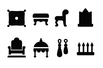 Throne Accessories Icons. Solid, filled icon set of throne accessories: royal cushion, footstool, armrest, throne backrest, throne base, throne canopy,