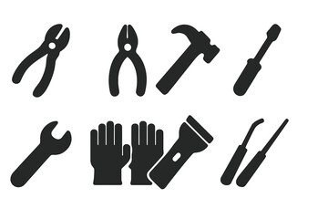 Trap Toolkit Icons. Solid, filled icon set of trap tools: wire cutter, pliers, hammer, screwdriver, wrench, gloves, flashlight, lockpick. [Line icons in only
