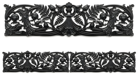 Intricate black ornate decorative elements with floral and foliage motifs, perfect for elegant designs