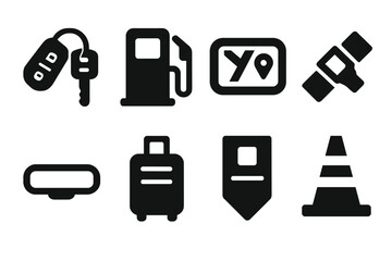 Escort Transportation Icons. Solid, filled icon set of escort transportation accessories: car keys, fuel pump, GPS device, seatbelt, rearview mirror, luggage,