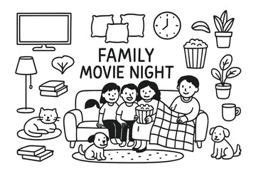 Family Movie Night. Hand-drawn doodle illustration [Family movie night] [sofa, TV, popcorn, blanket, family members, lamp, rug, cat, dog, cup, plate, plant,