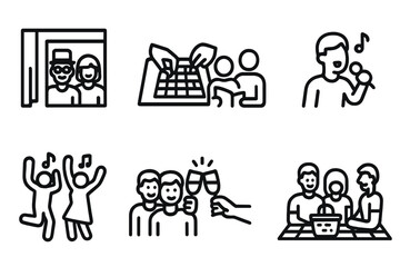 Obraz premium Reunion Activity Icons. Outline icon set of reunion activities: photo booth, board games, storytelling, karaoke, dancing, group selfie, toast, picnic. Line