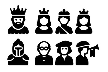 Noble Roles Icons. Solid, filled icon set of noble social roles: king, queen, prince, princess, knight, advisor, courtier, herald. Solid, filled icons in only