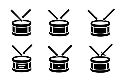 Drum Technique Icons. Solid, filled icon set of snare drum playing techniques: rimshot, ghost note, flam, roll, drag, buzz stroke, tap, accented hit. Solid,