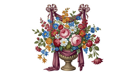 Elegant floral arrangement in ornate vase with draped fabric and bows, perfect for decor