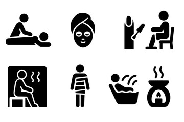 Spa Service Icons. Solid, filled icon set of spa services: massage, facial, manicure, pedicure, sauna, body wrap, hydrotherapy, aromatherapy. Solid, filled