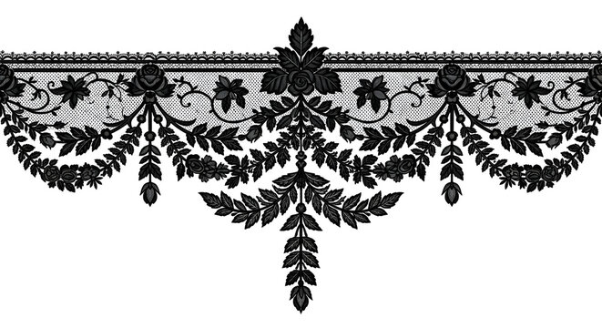 Elegant black lace border with intricate floral and leaf design for sophisticated decor