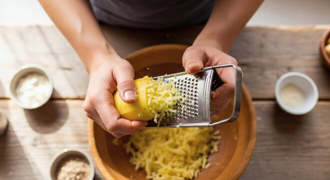 Authentic Cepelinai Making, Hands Grating Potato in Rustic Kitchen