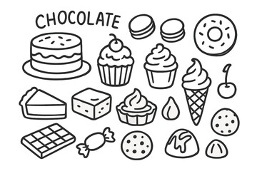 Sweet Treats Doodles. Hand-drawn doodle illustration Chocolate treats, chocolate cake, cupcake, macarons, ice cream cone, donut, pie slice, brownie, tart,