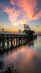 Obraz premium Sunrise over wooden dock reflecting on calm water