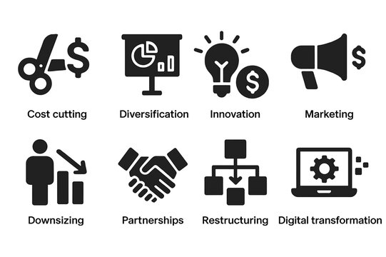 Recession Strategy Icons. Solid, filled icon set of recession business strategies: cost cutting, diversification, innovation, marketing, downsizing,
