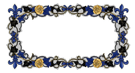 Elegant royal frame with gold roses, blue fleur de lis, and lace accents for luxurious design